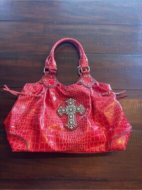 Brentano Red Croc-Embossed Shoulder Bag with Decorative Cross Accent
